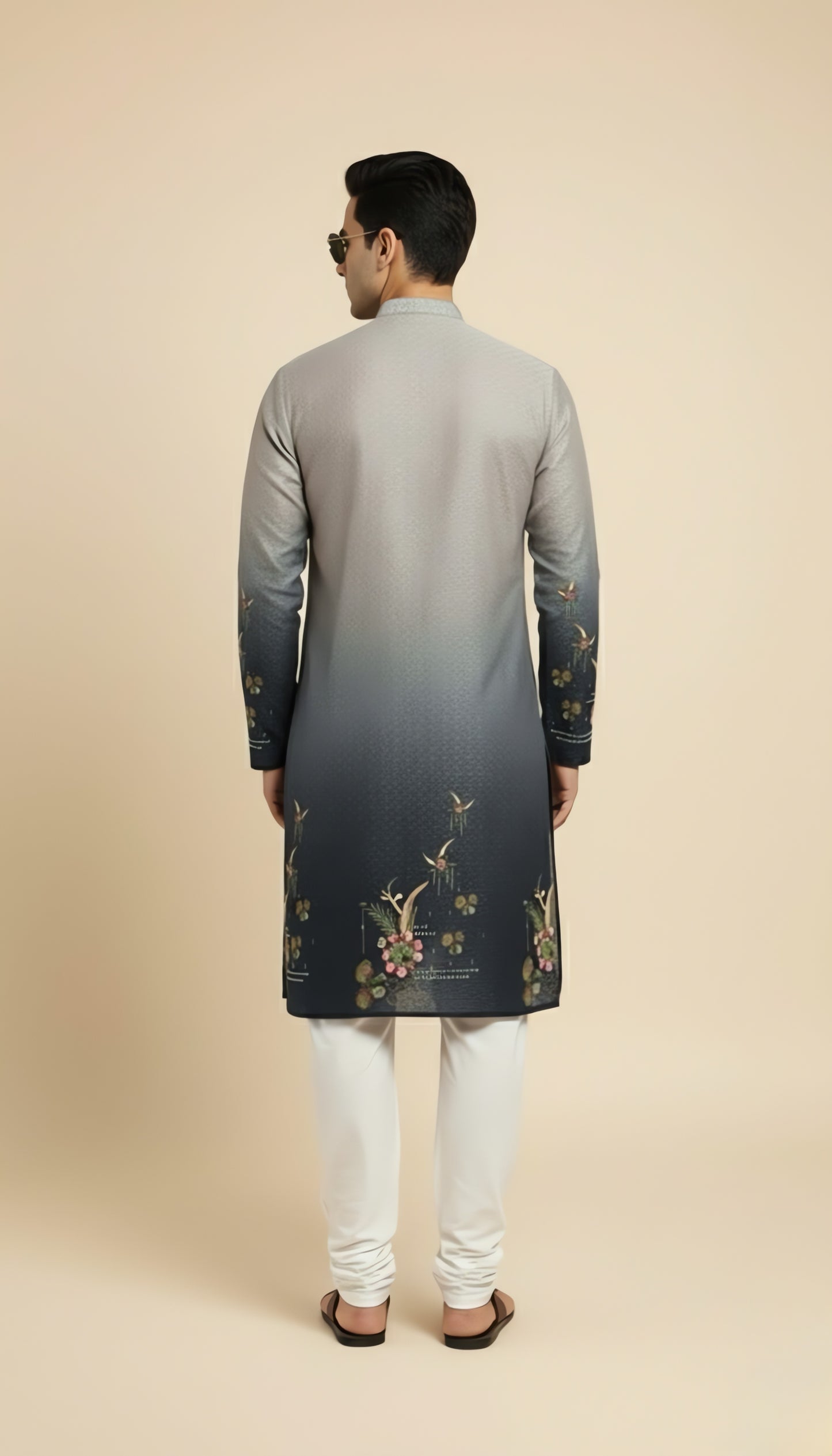 Grey-blue ombre Cotton printrd kurta with Embrodiory