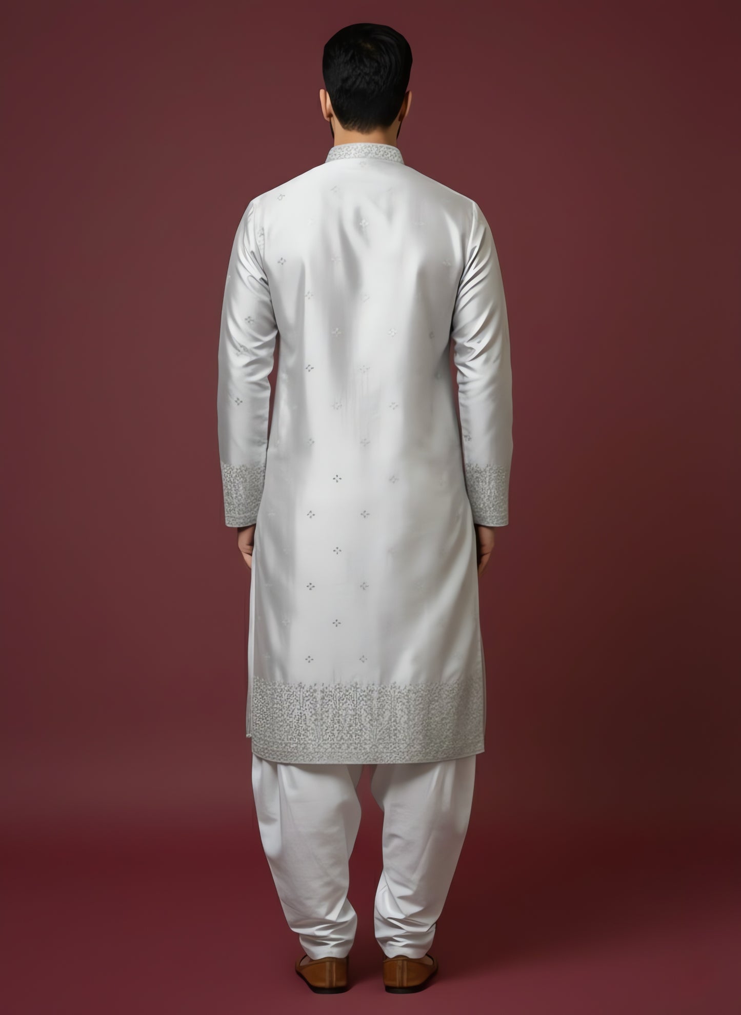 Off-White Silk Kurta with Mirror Embroidery & White Salwar Set