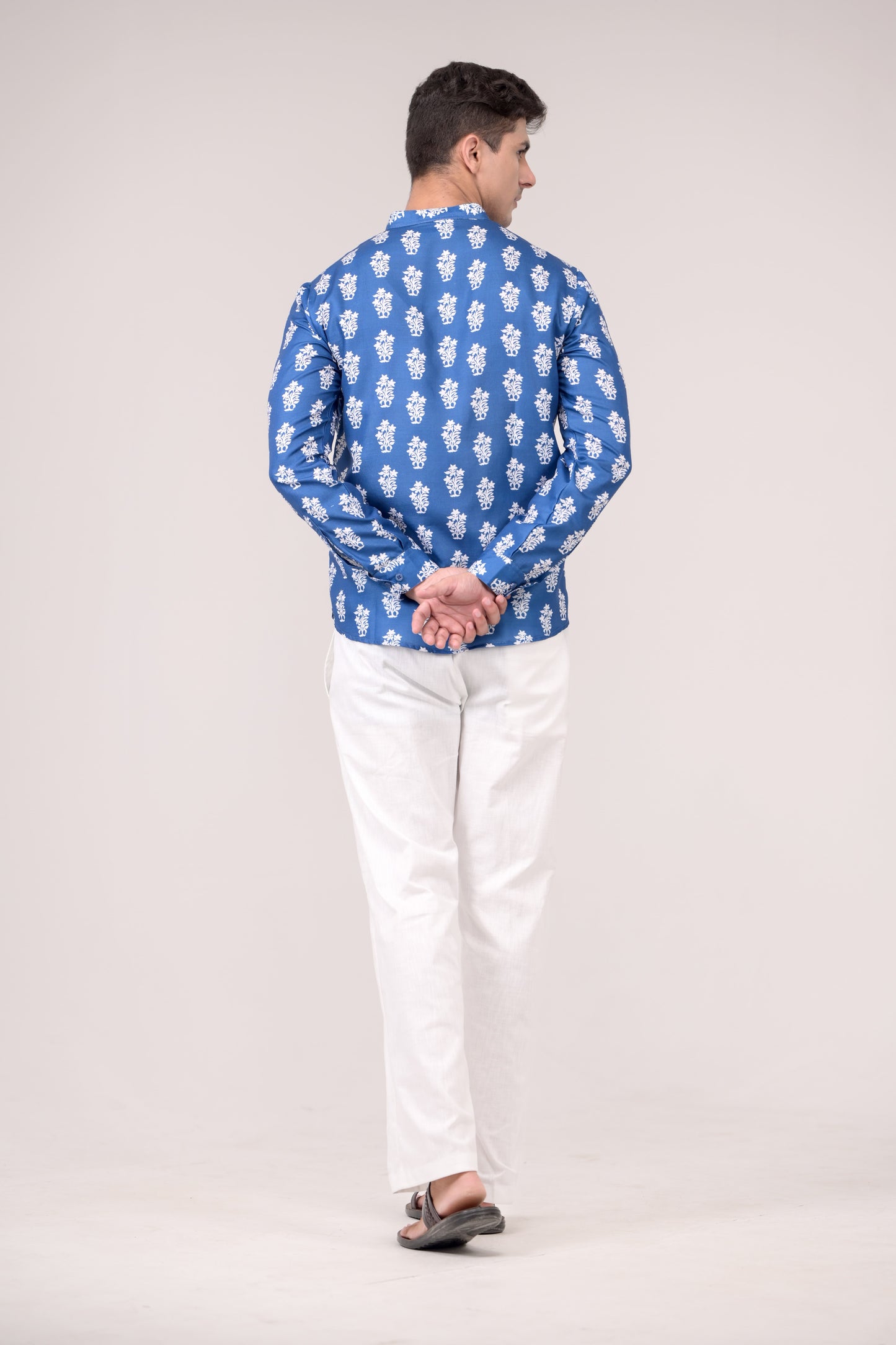 Royal Blue Printed Linen blend Short Kurta