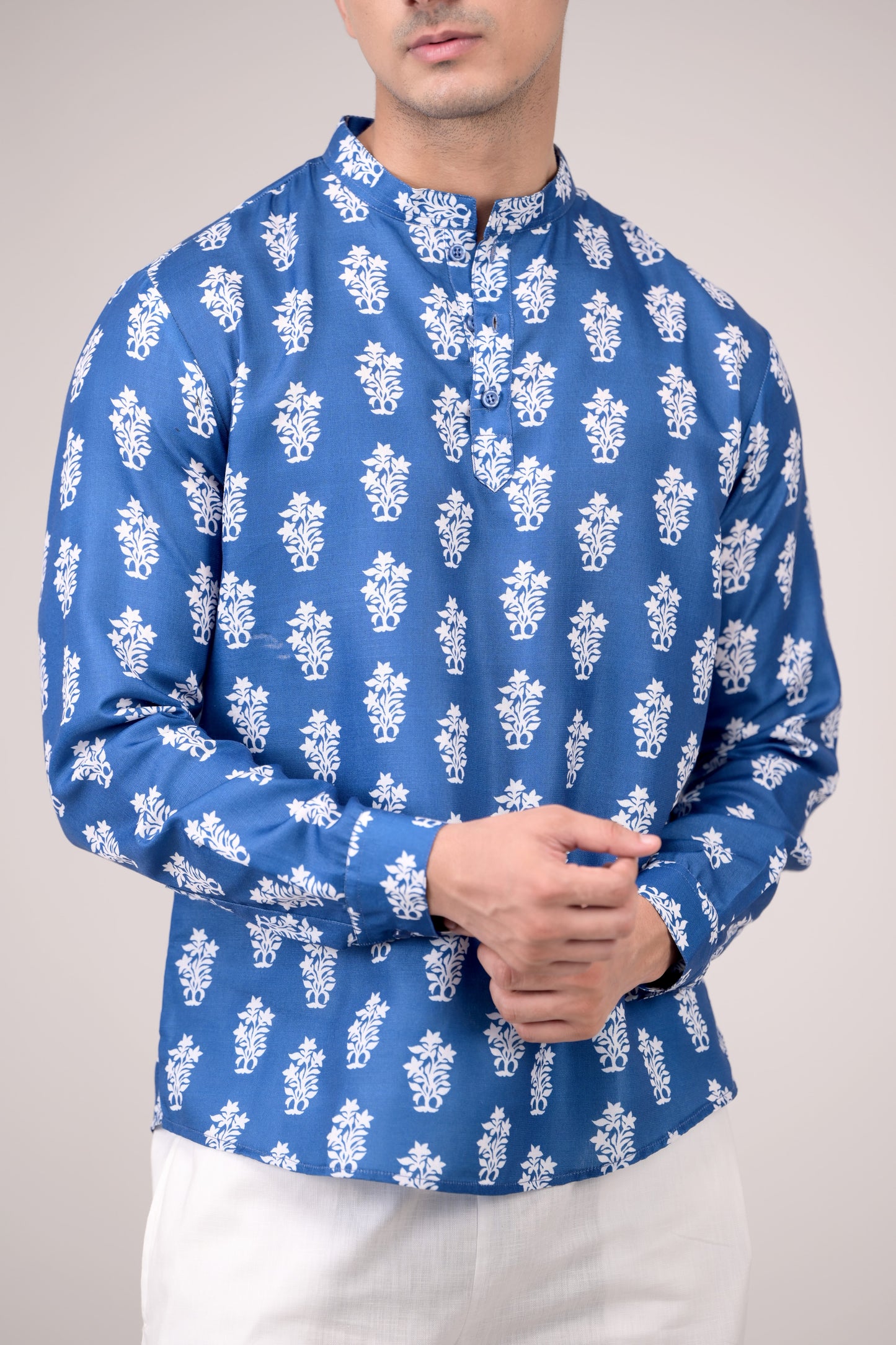 Royal Blue Printed Linen blend Short Kurta
