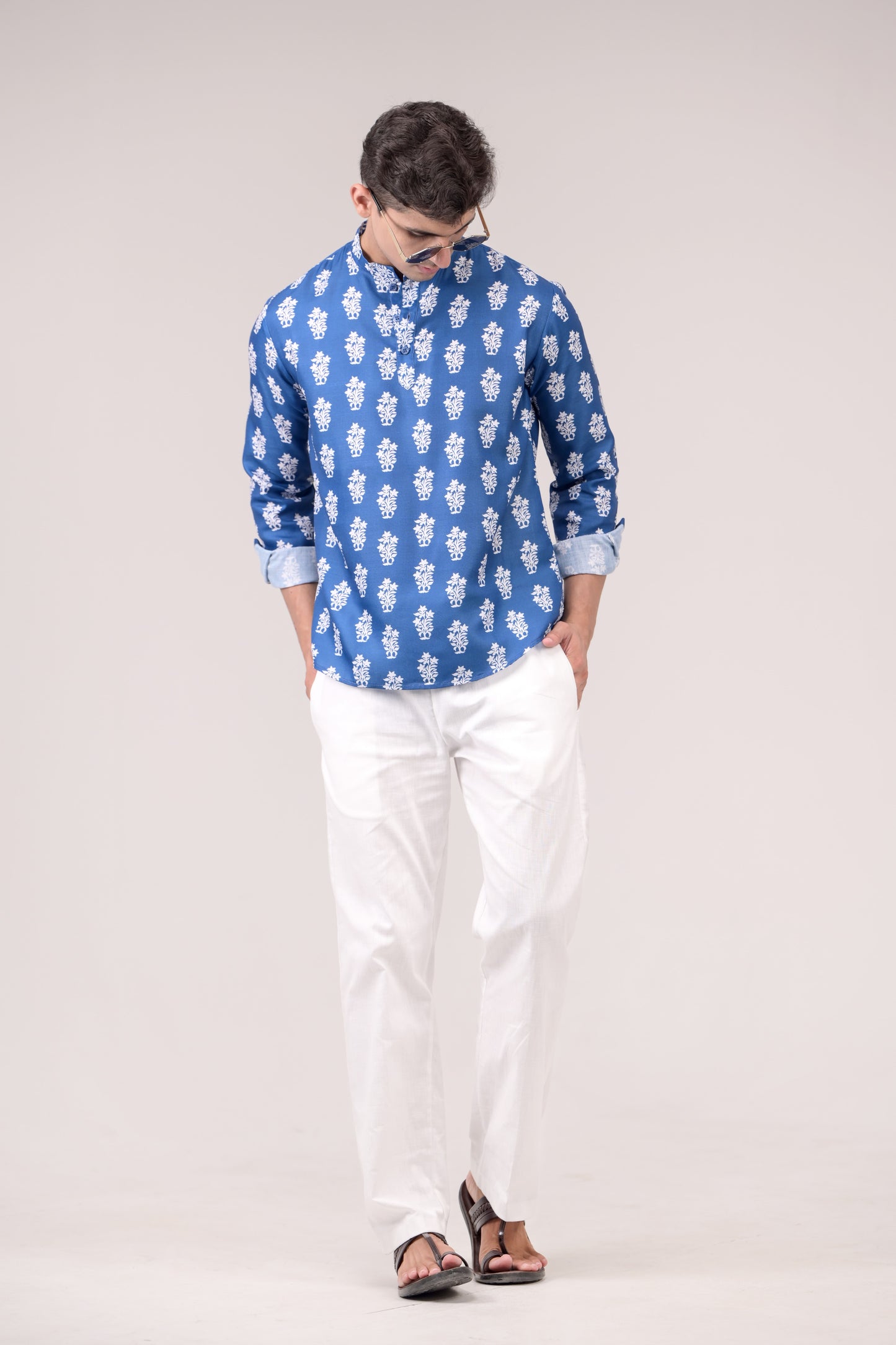 Royal Blue Printed Linen blend Short Kurta