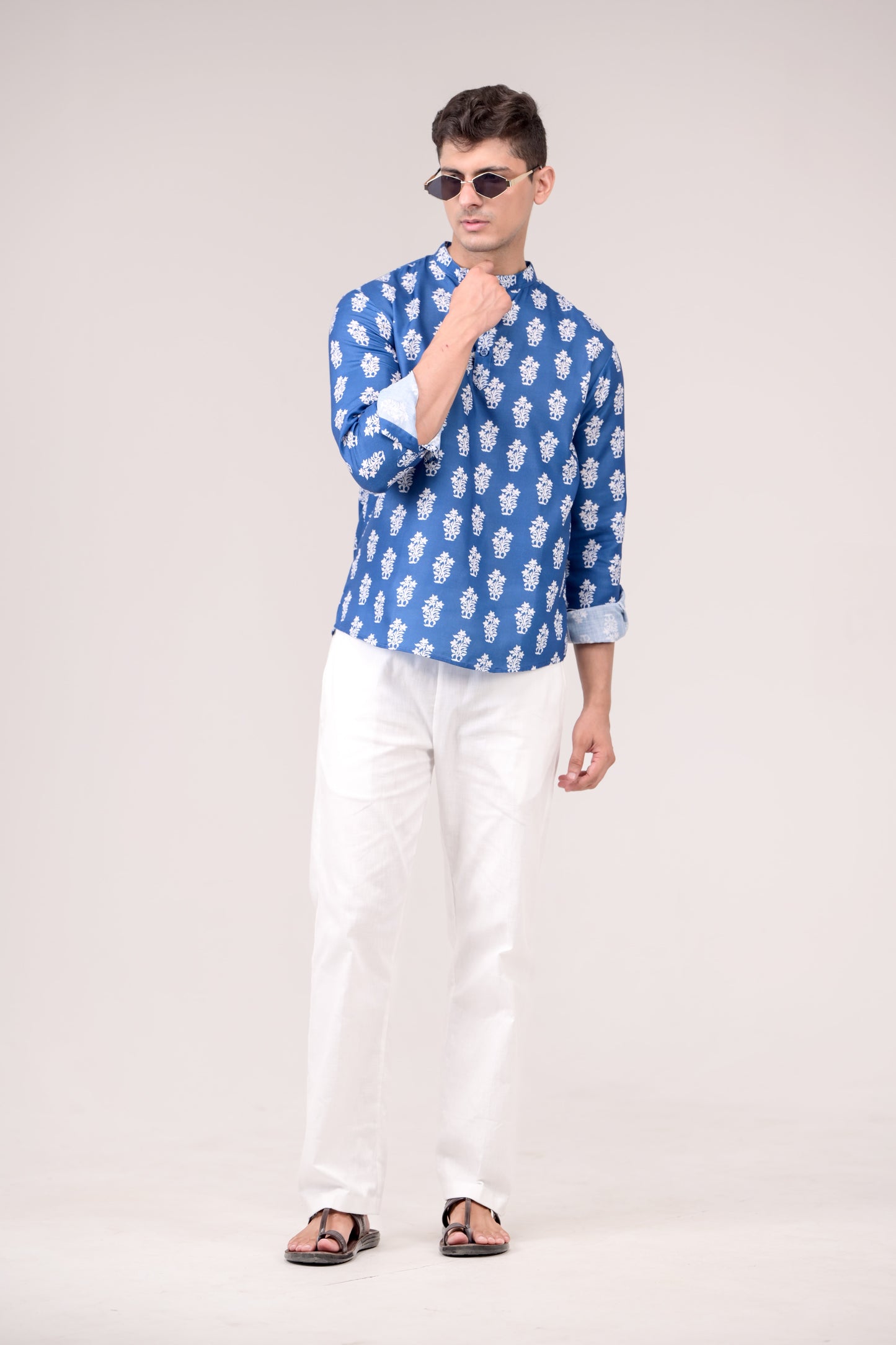 Royal Blue Printed Linen blend Short Kurta