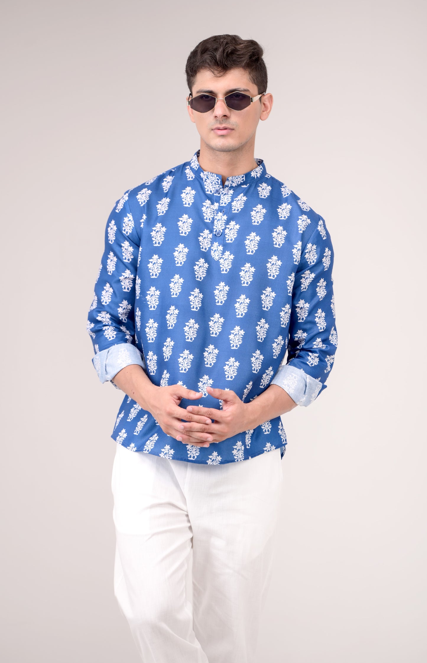 Royal Blue Printed Linen blend Short Kurta