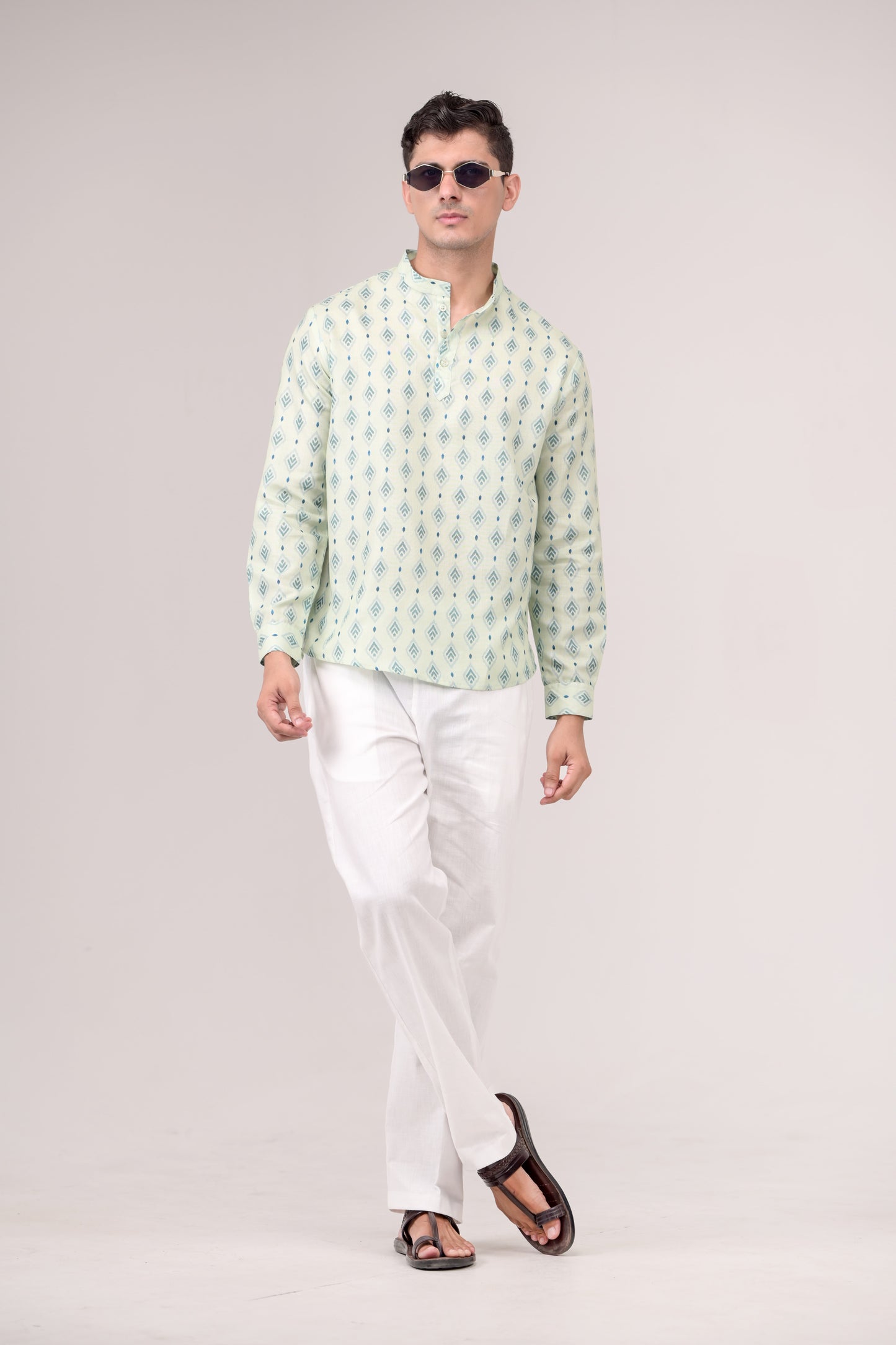 Mint Green Printed Linen blend Short Kurta