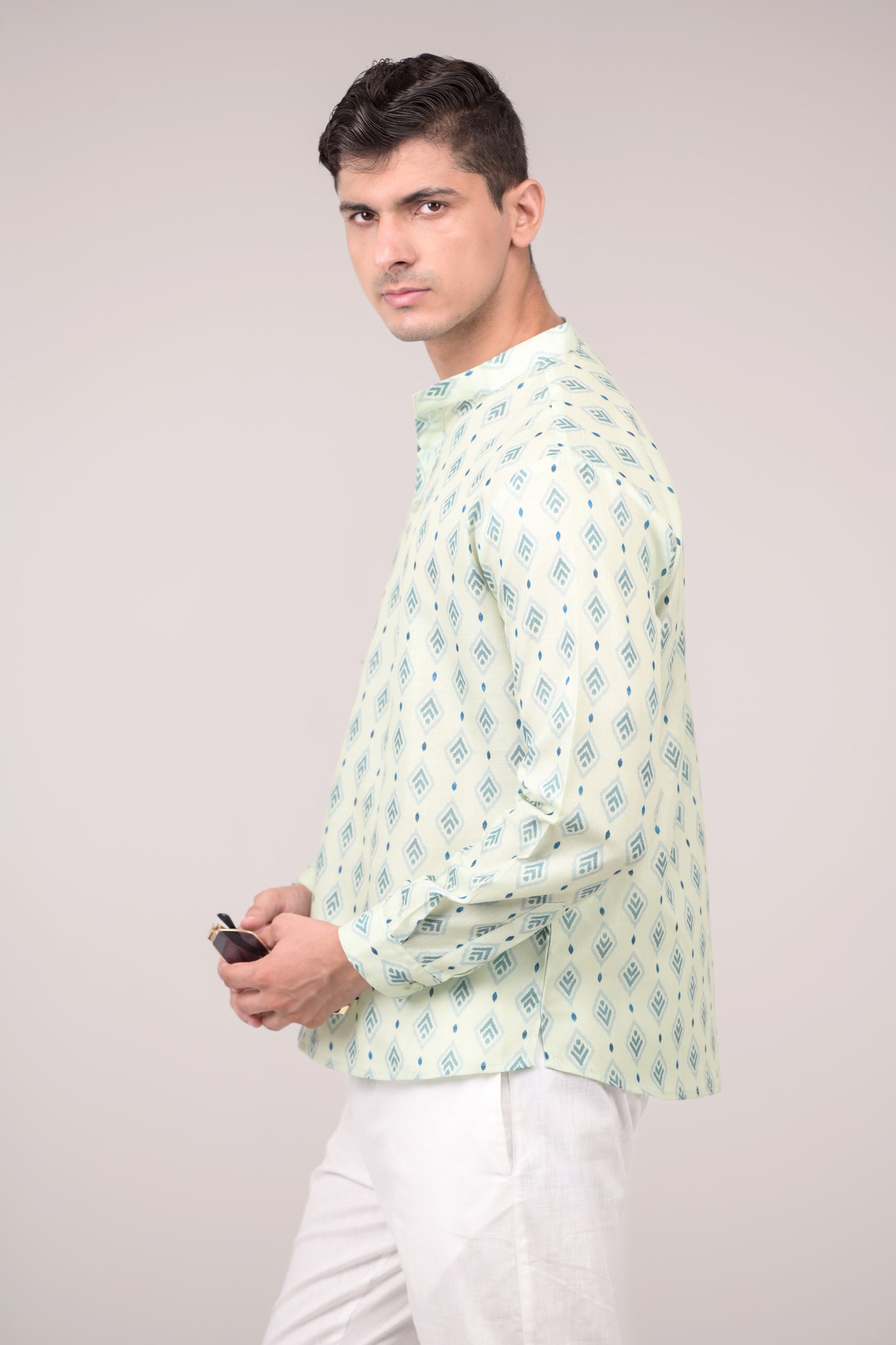 Mint Green Printed Linen blend Short Kurta