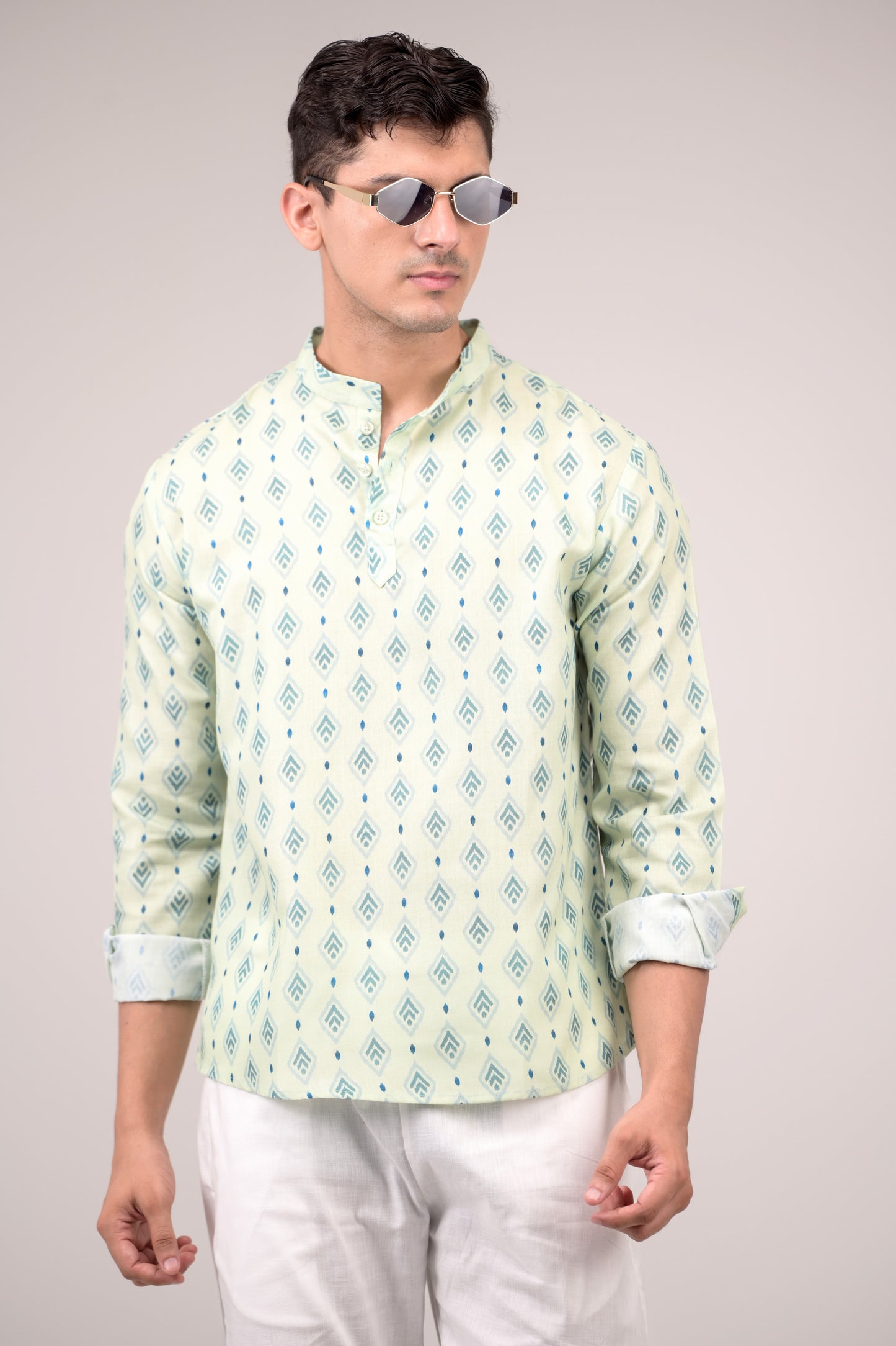 Mint Green Printed Linen blend Short Kurta