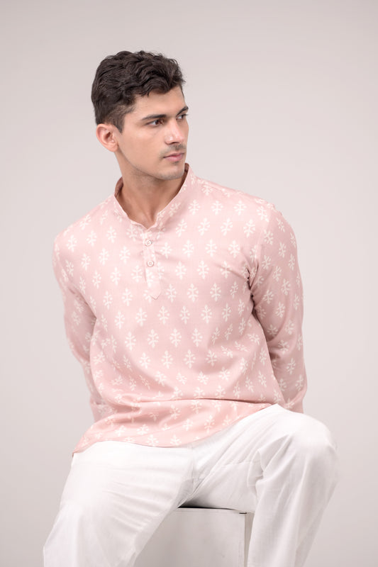 Blush Pink Printed Linen blend Short Kurta