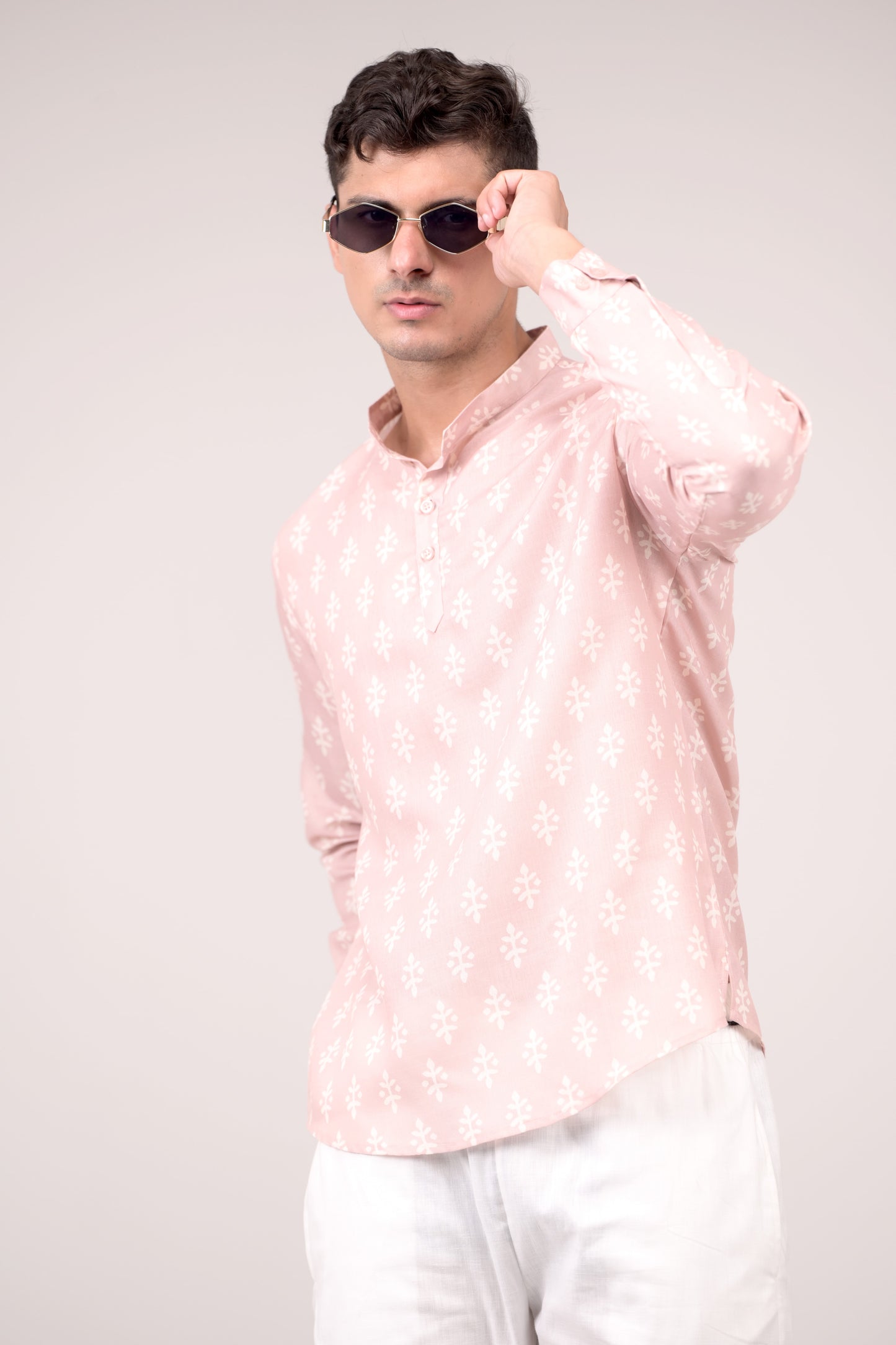 Blush Pink Printed Linen blend Short Kurta