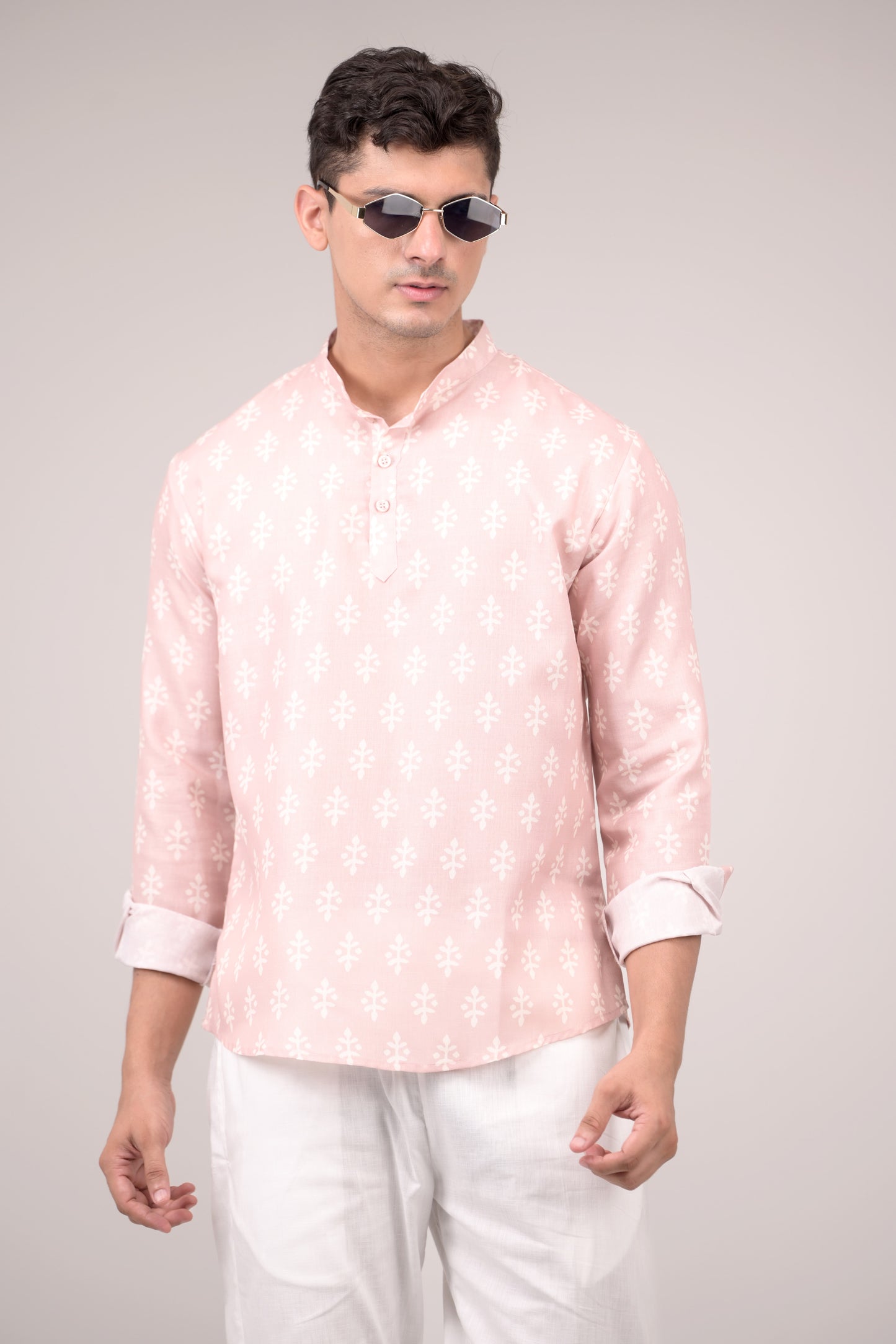 Blush Pink Printed Linen blend Short Kurta