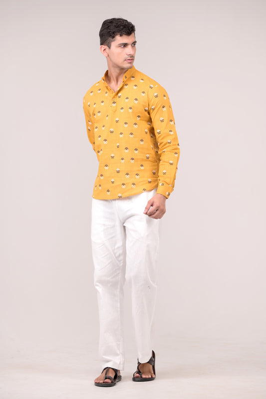 Mustard Yellow Printed Linen blend Short Kurta