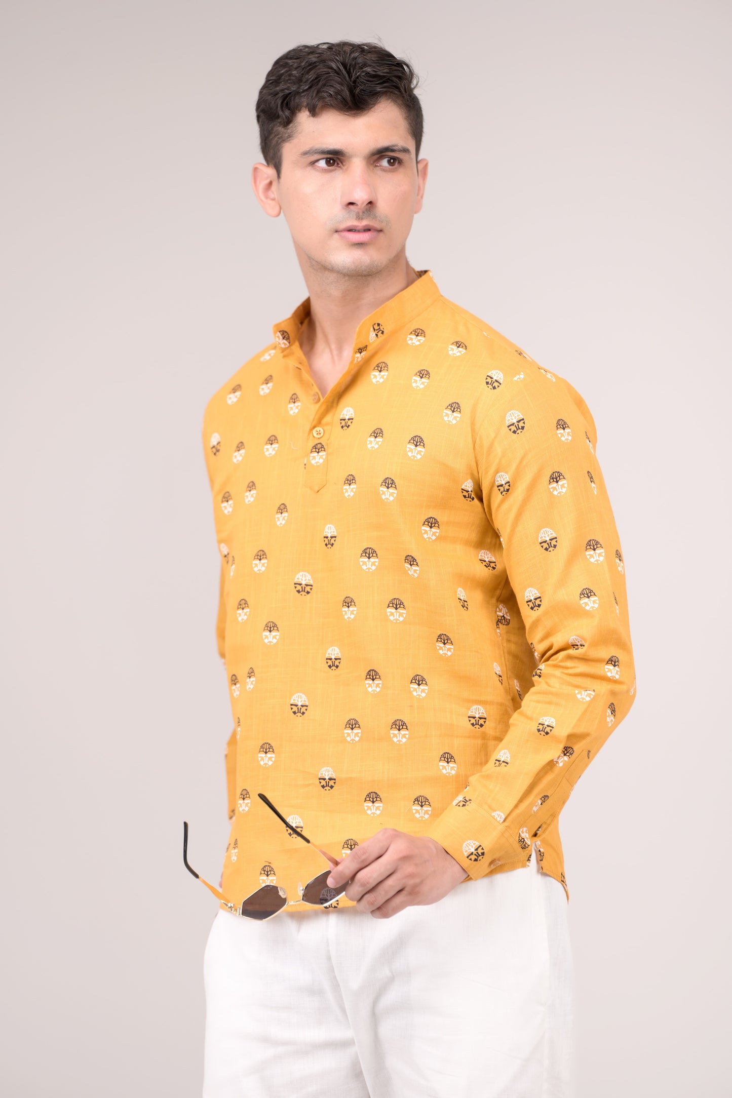 Mustard Yellow Printed Linen blend Short Kurta