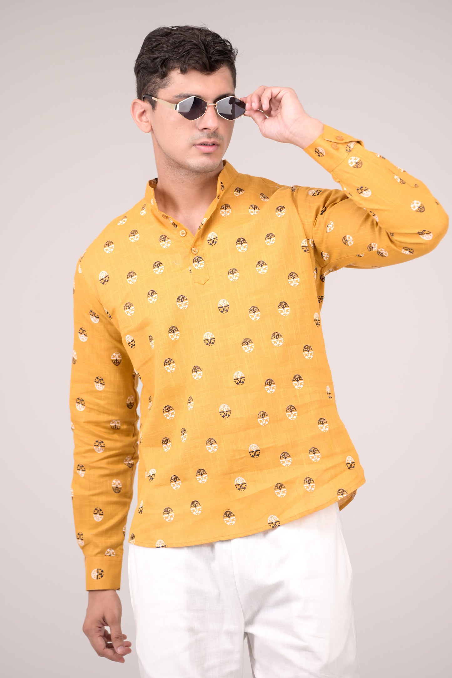 Mustard Yellow Printed Linen blend Short Kurta