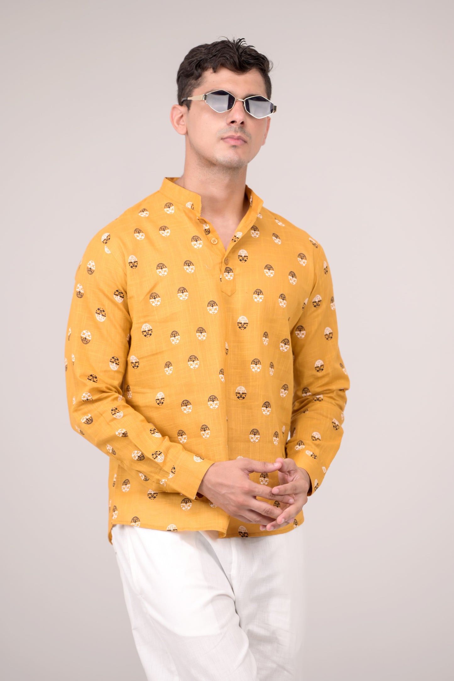 Mustard Yellow Printed Linen blend Short Kurta
