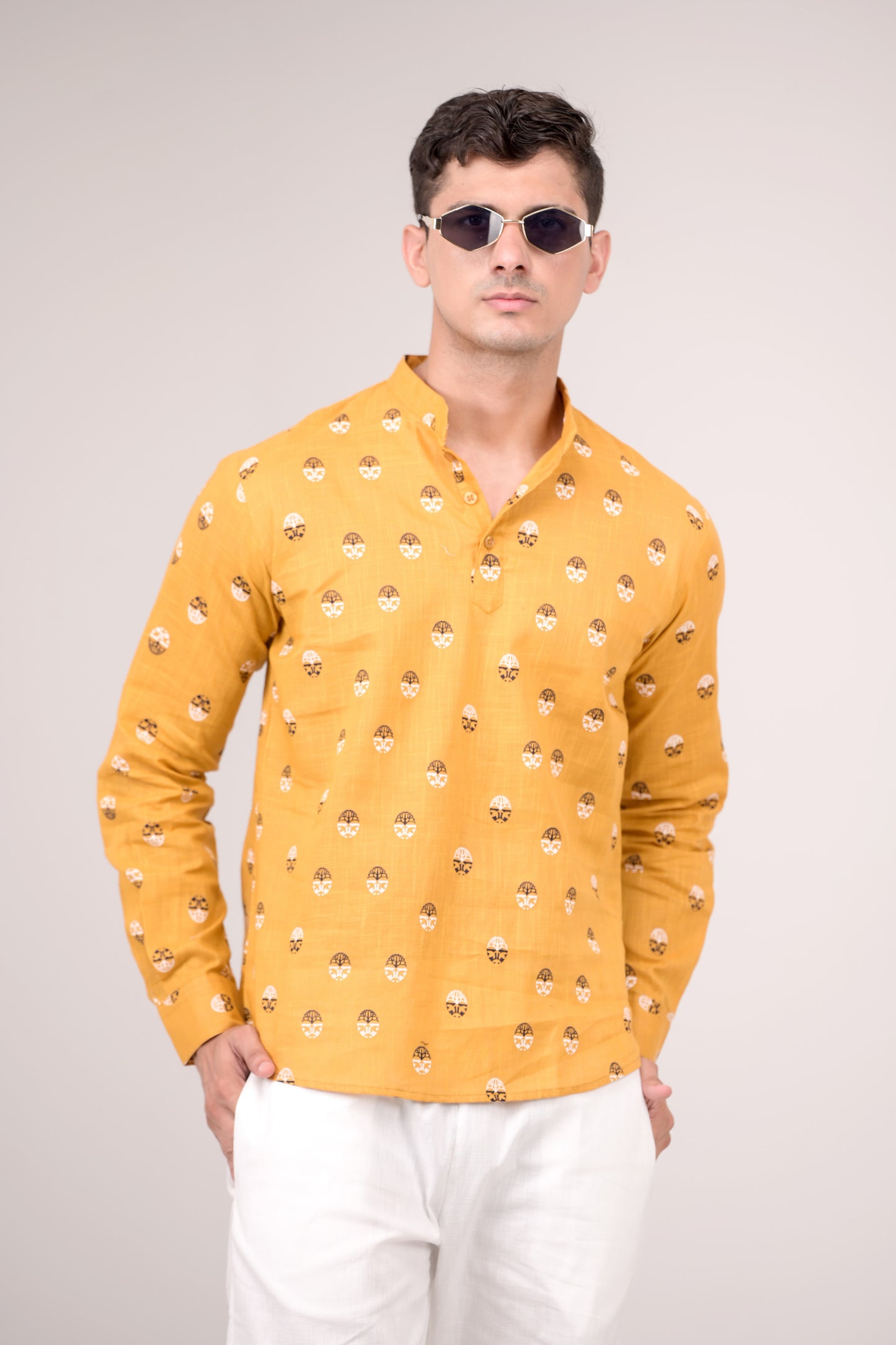 Mustard Yellow Printed Linen blend Short Kurta