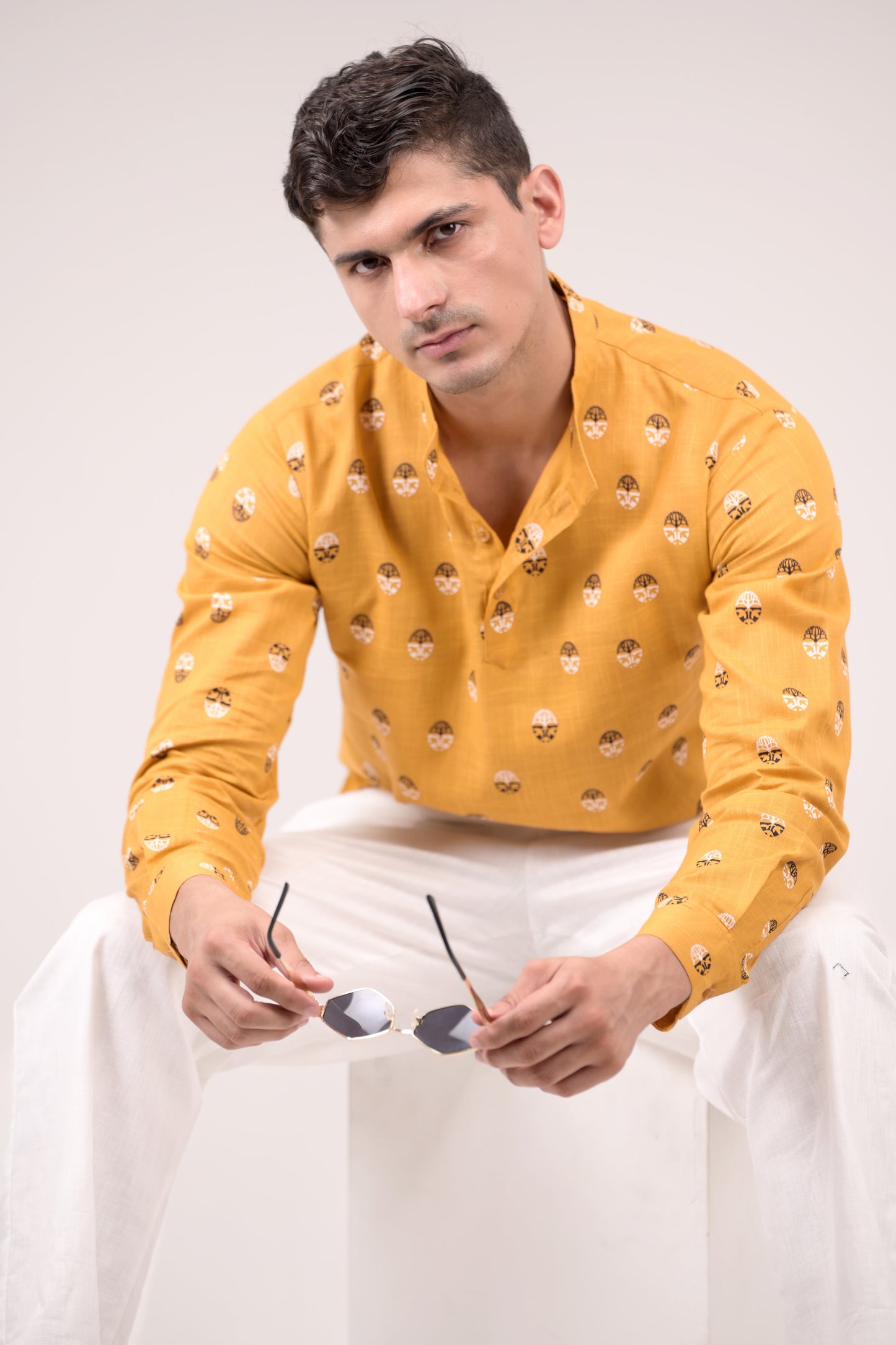 Mustard Yellow Printed Linen blend Short Kurta