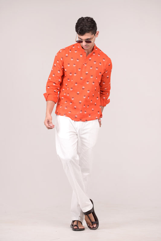 Orange Printed Linen blend Short Kurta