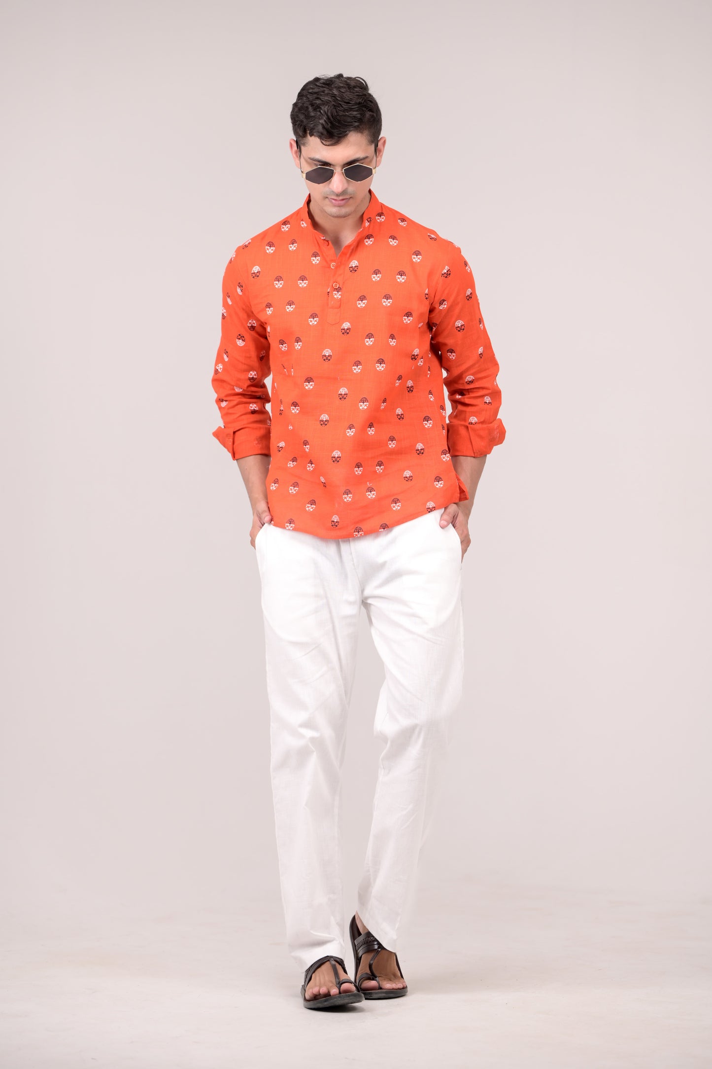 Orange Printed Linen blend Short Kurta