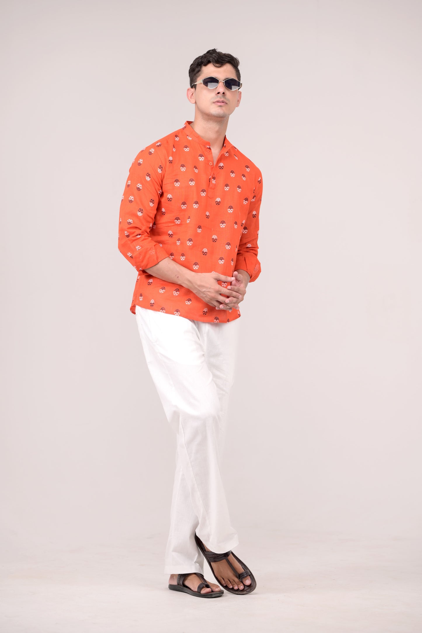 Orange Printed Linen blend Short Kurta