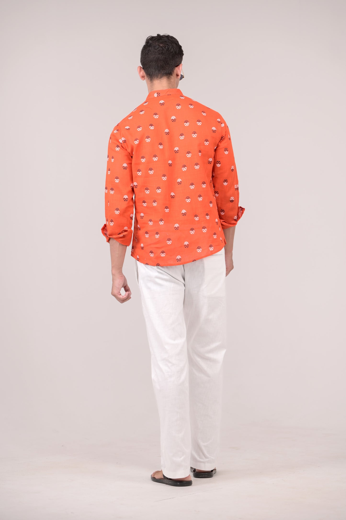 Orange Printed Linen blend Short Kurta