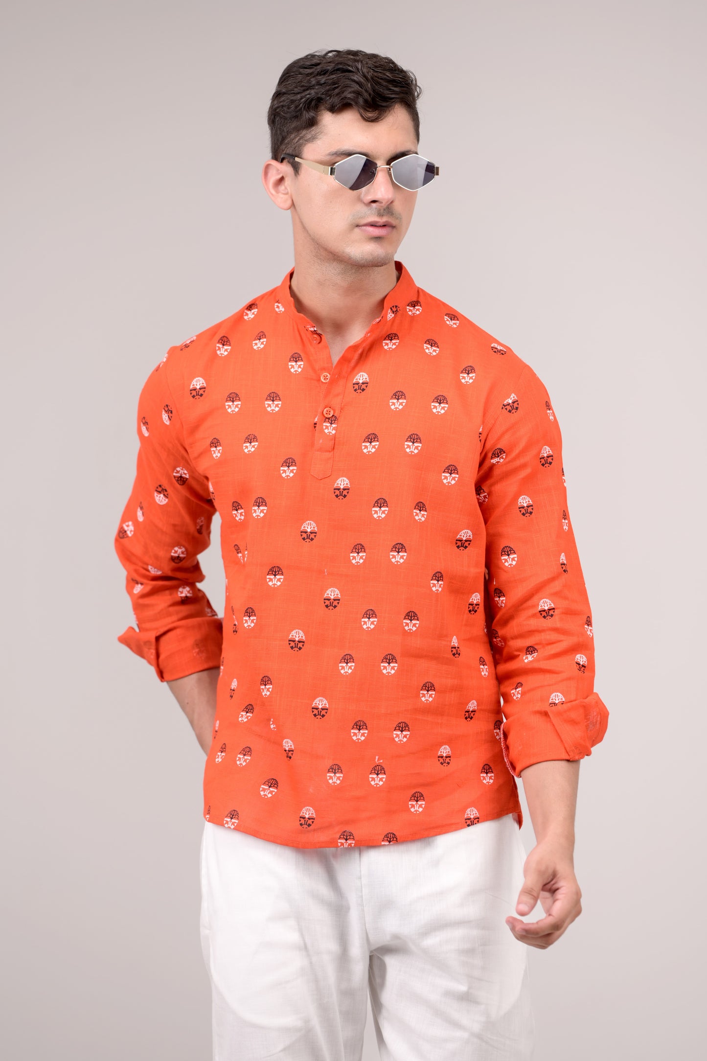 Orange Printed Linen blend Short Kurta