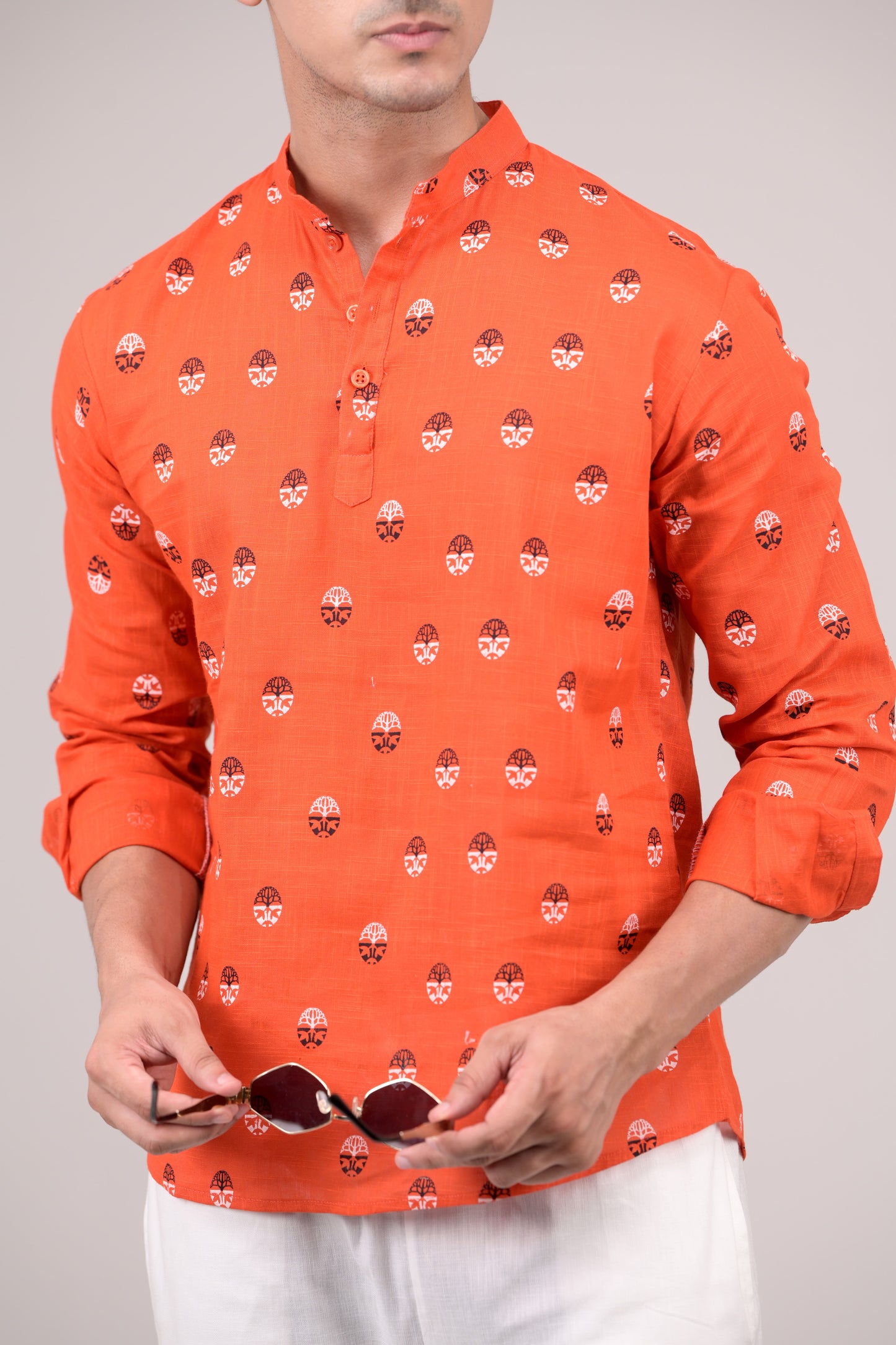 Orange Printed Linen blend Short Kurta