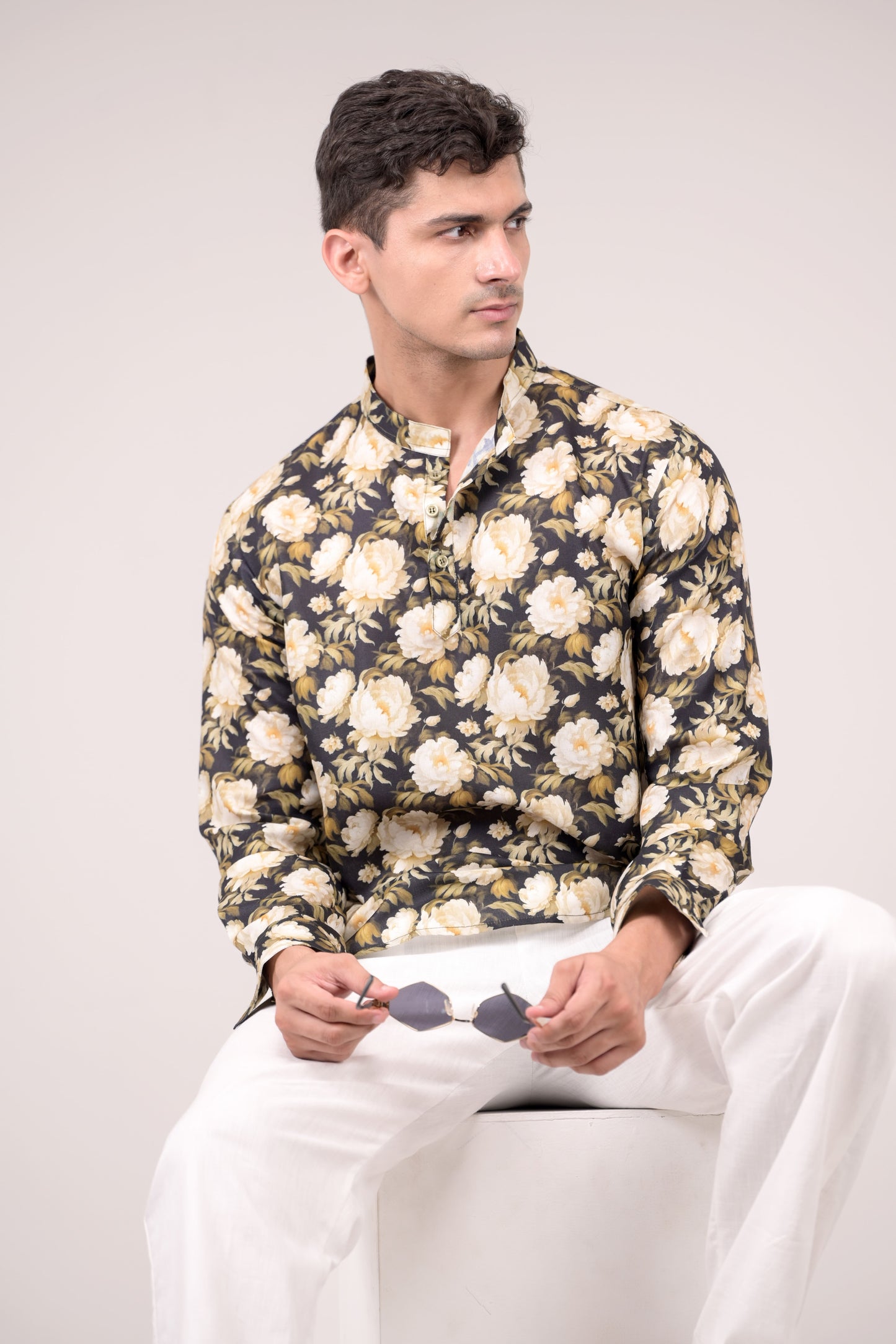 Black Floral Printed Linen blend Short Kurta
