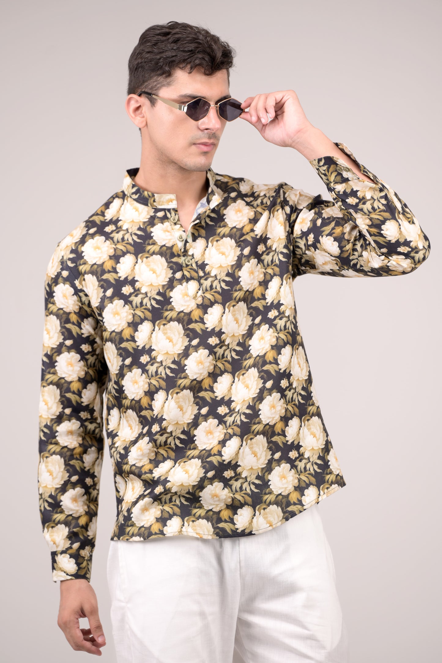 Black Floral Printed Linen blend Short Kurta