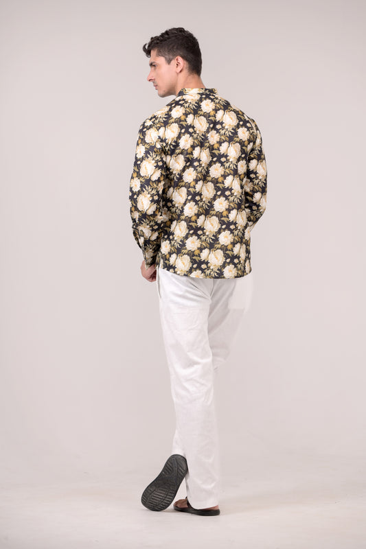 Black Floral Printed Linen blend Short Kurta