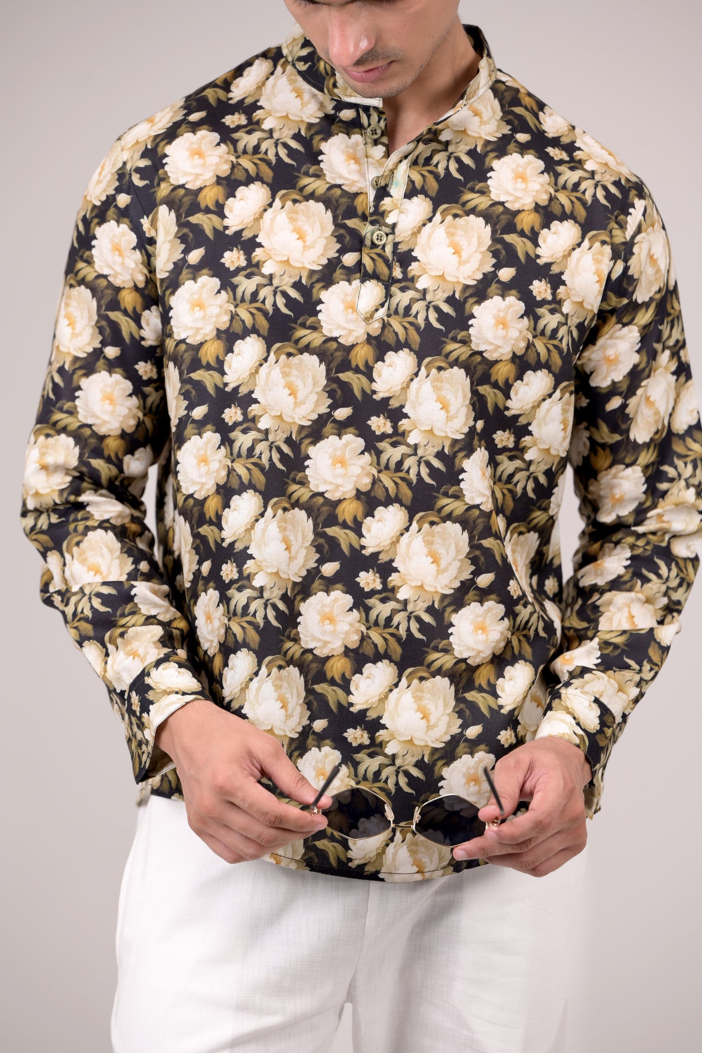 Black Floral Printed Linen blend Short Kurta