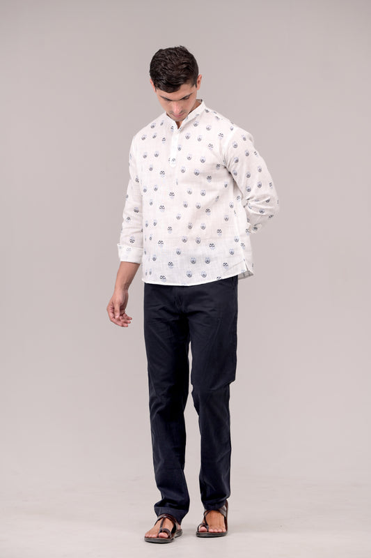 White Printed Linen blend Short Kurta