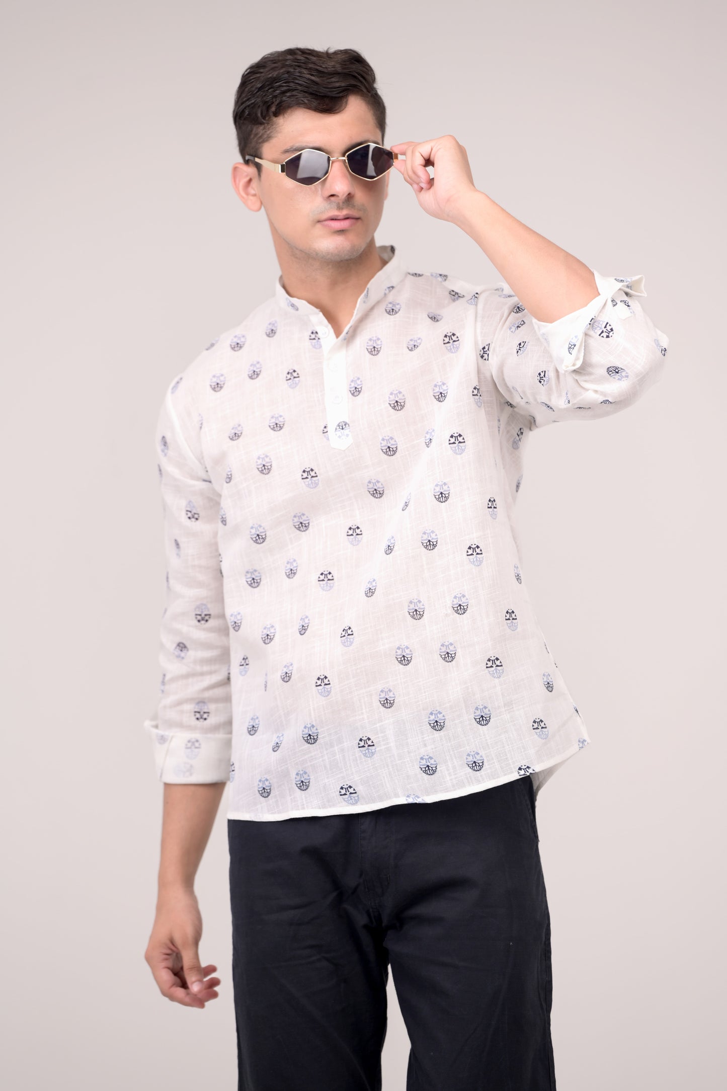 White Printed Linen blend Short Kurta