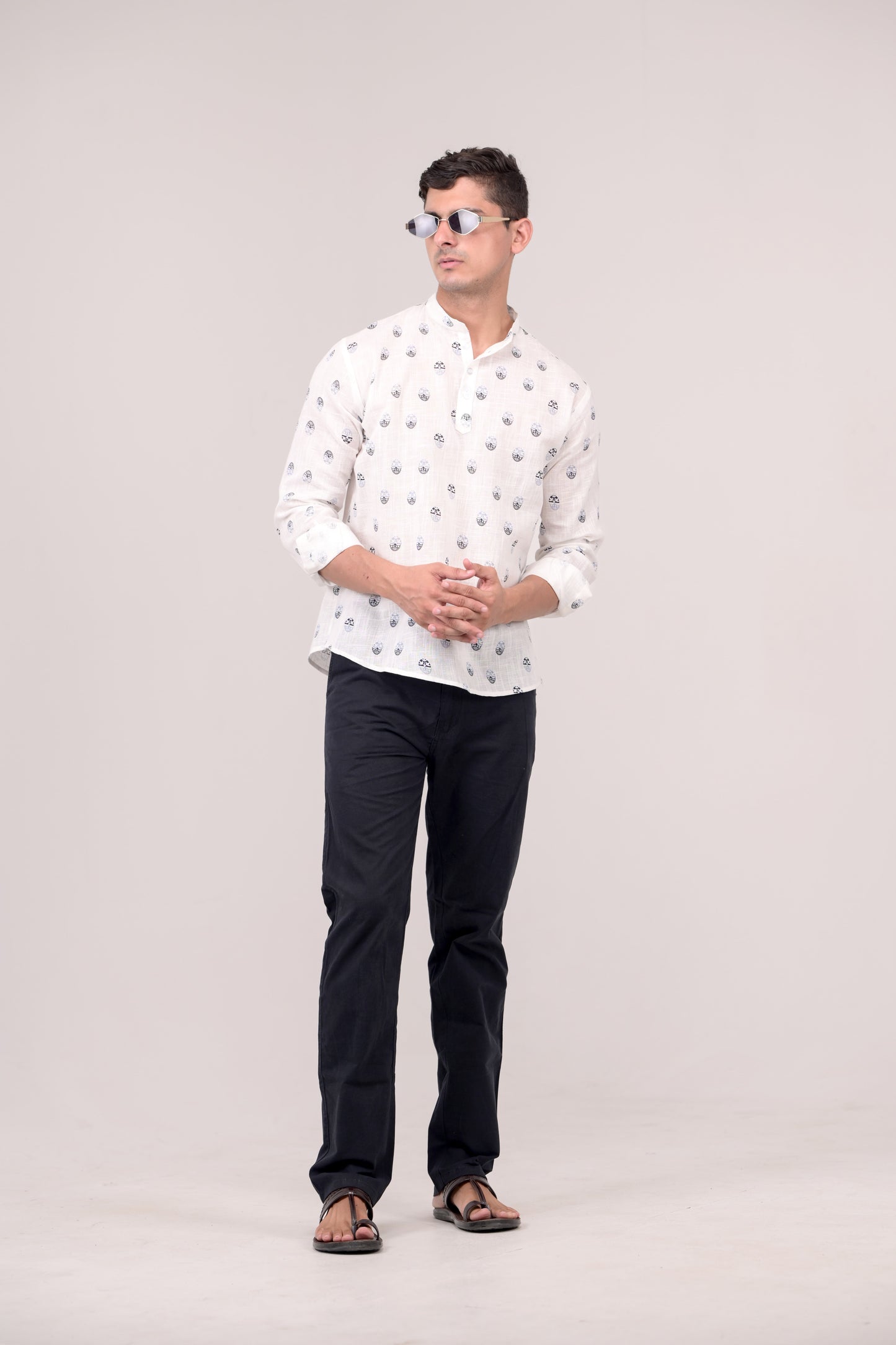 White Printed Linen blend Short Kurta