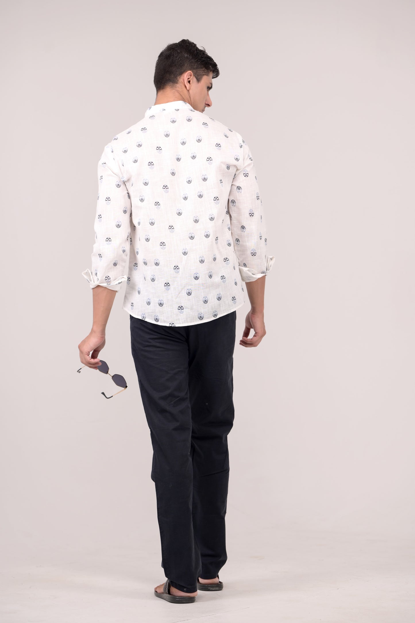 White Printed Linen blend Short Kurta