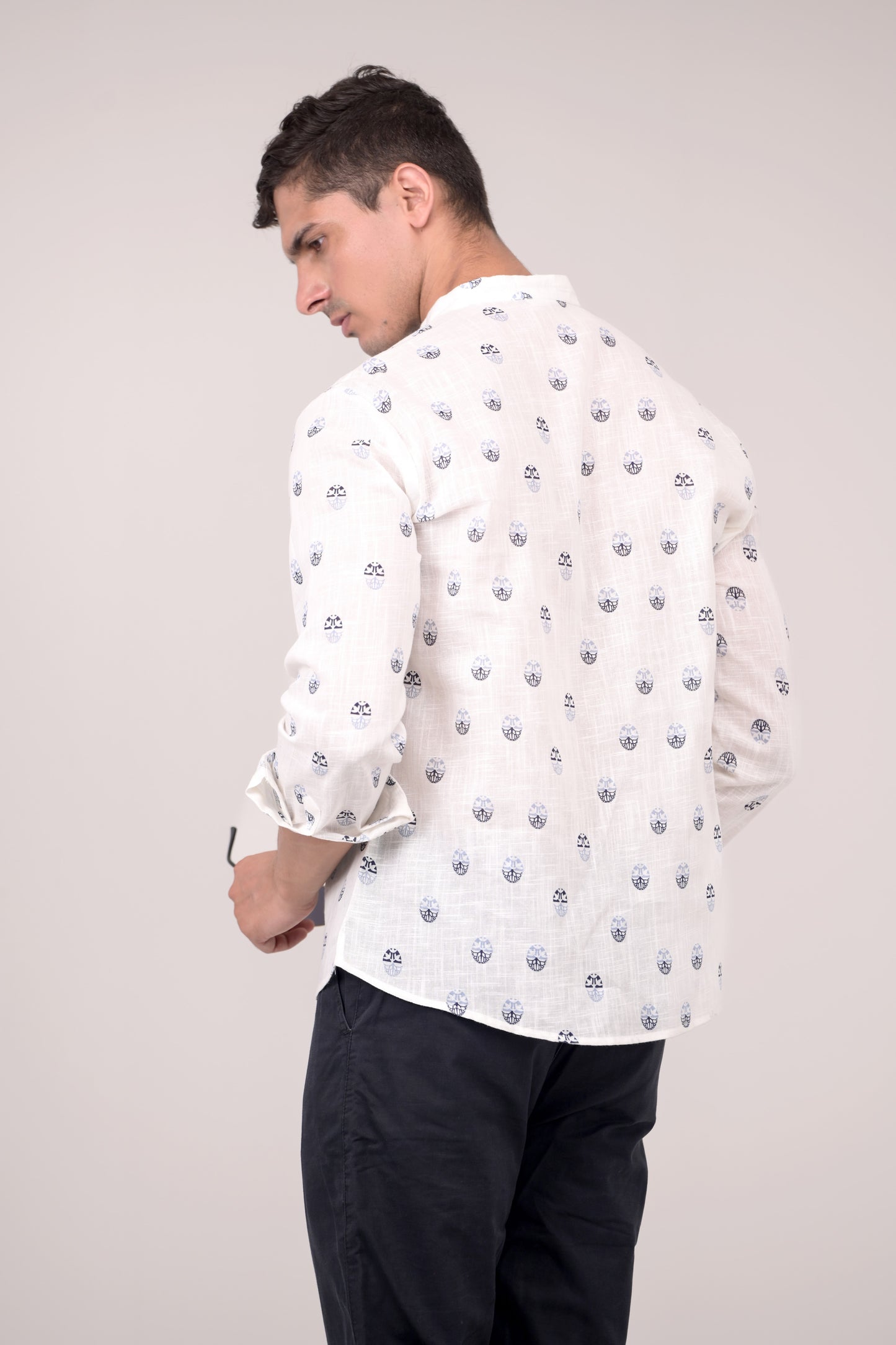 White Printed Linen blend Short Kurta