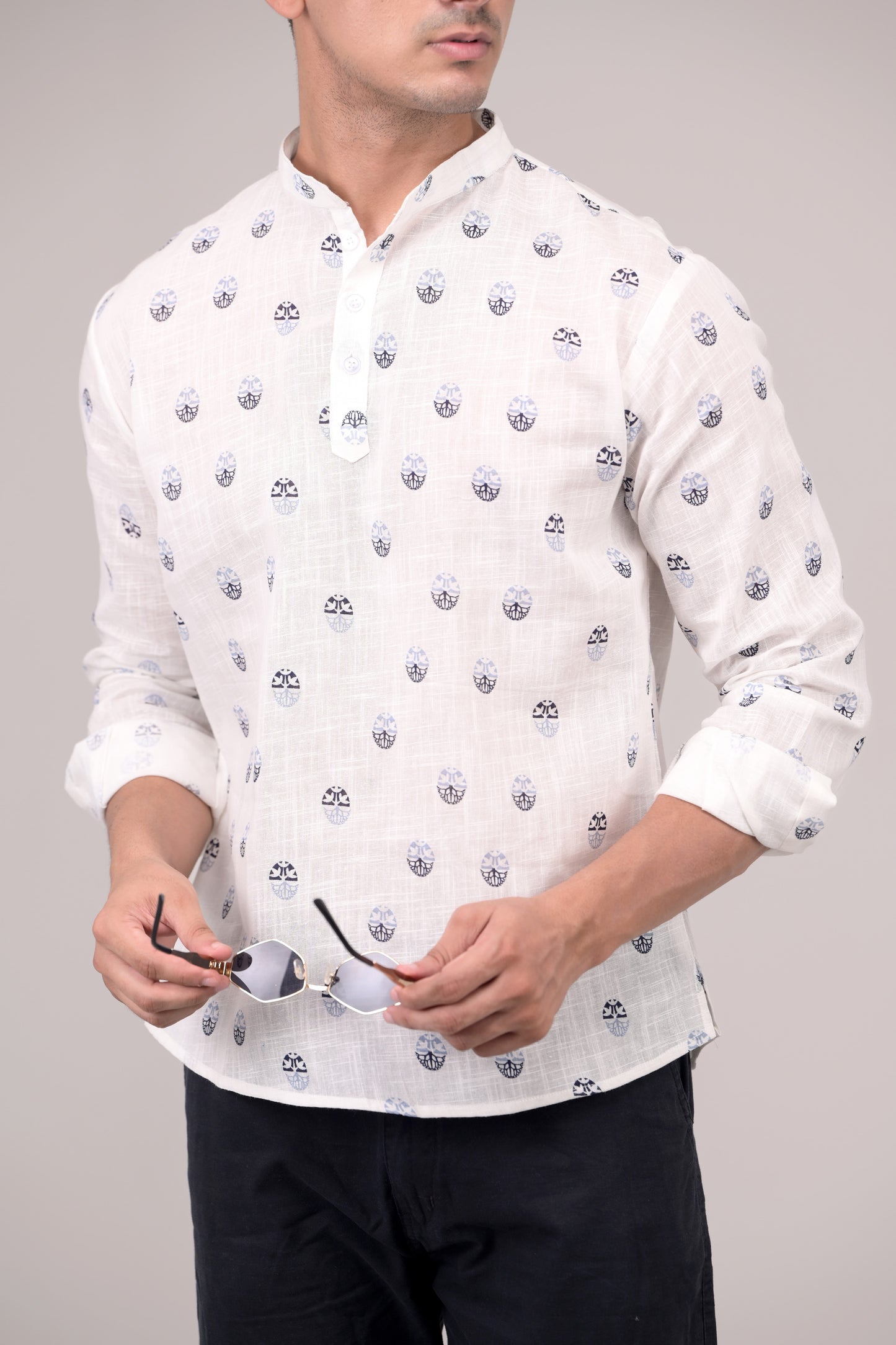 White Printed Linen blend Short Kurta