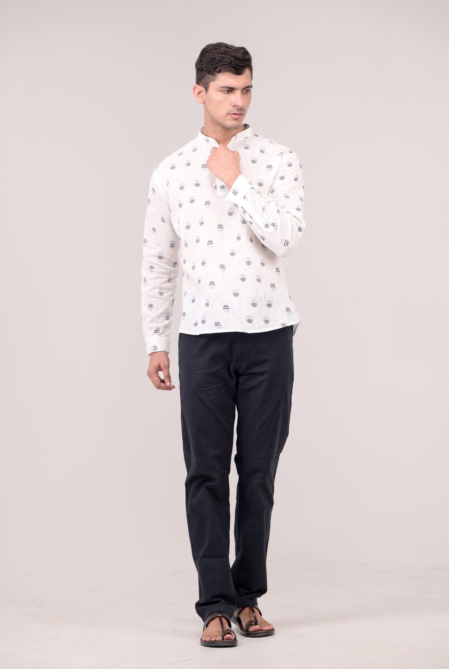 White Printed Linen blend Short Kurta