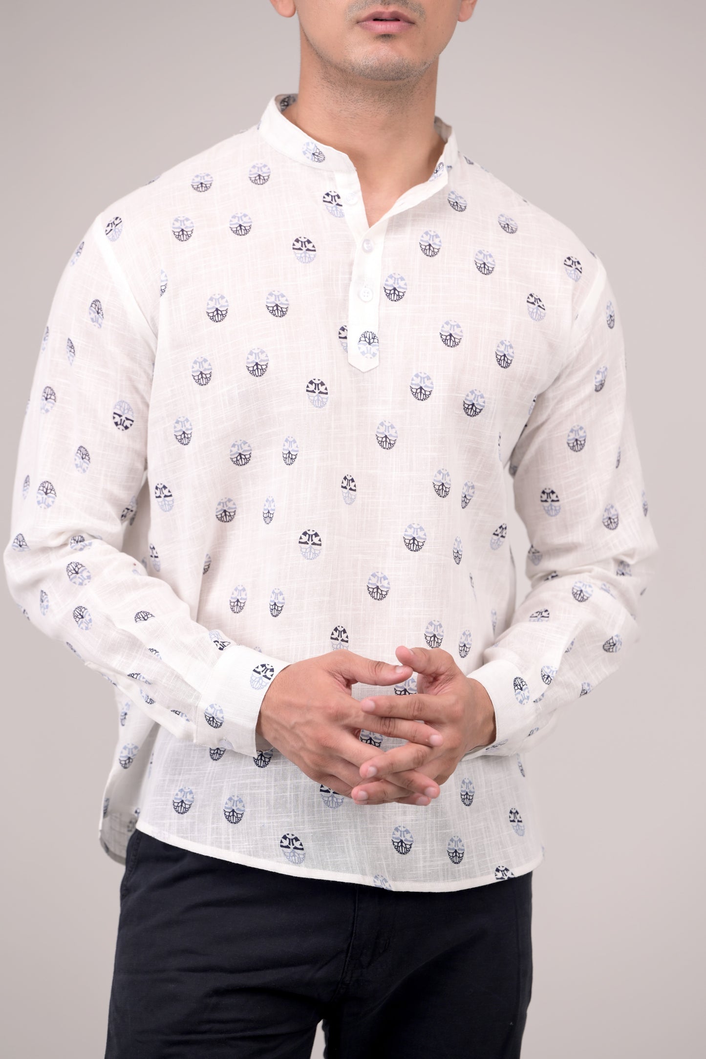 White Printed Linen blend Short Kurta