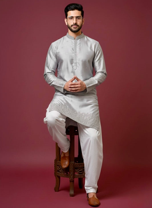 Grey Silk Kurta with Mirror Embroidery & White Salwar Set
