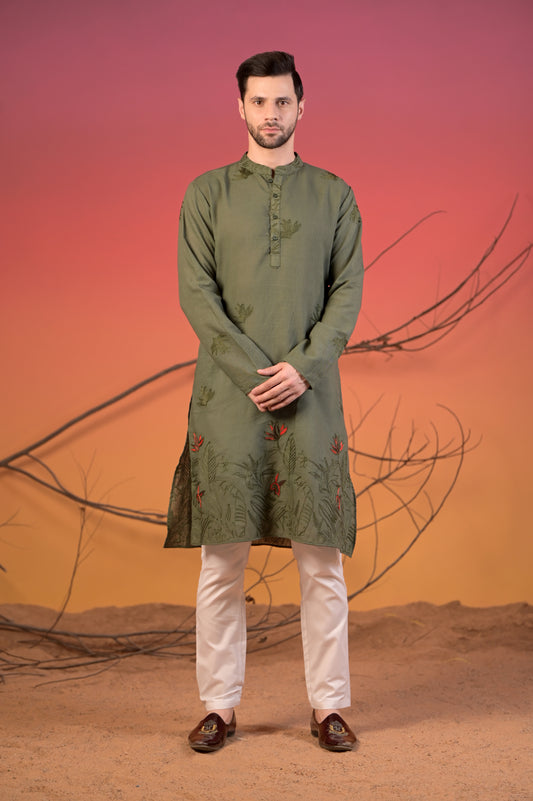 Olive Green Cotton-Linen Kurta with Tonal & Scarlet Botanical Embroidery & Trousers Set