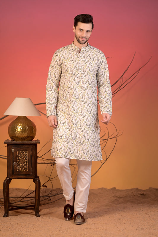 Ivory Cotton Kurta with All-Over Chikan Embroidery in Leaf Motif & Trousers Set
