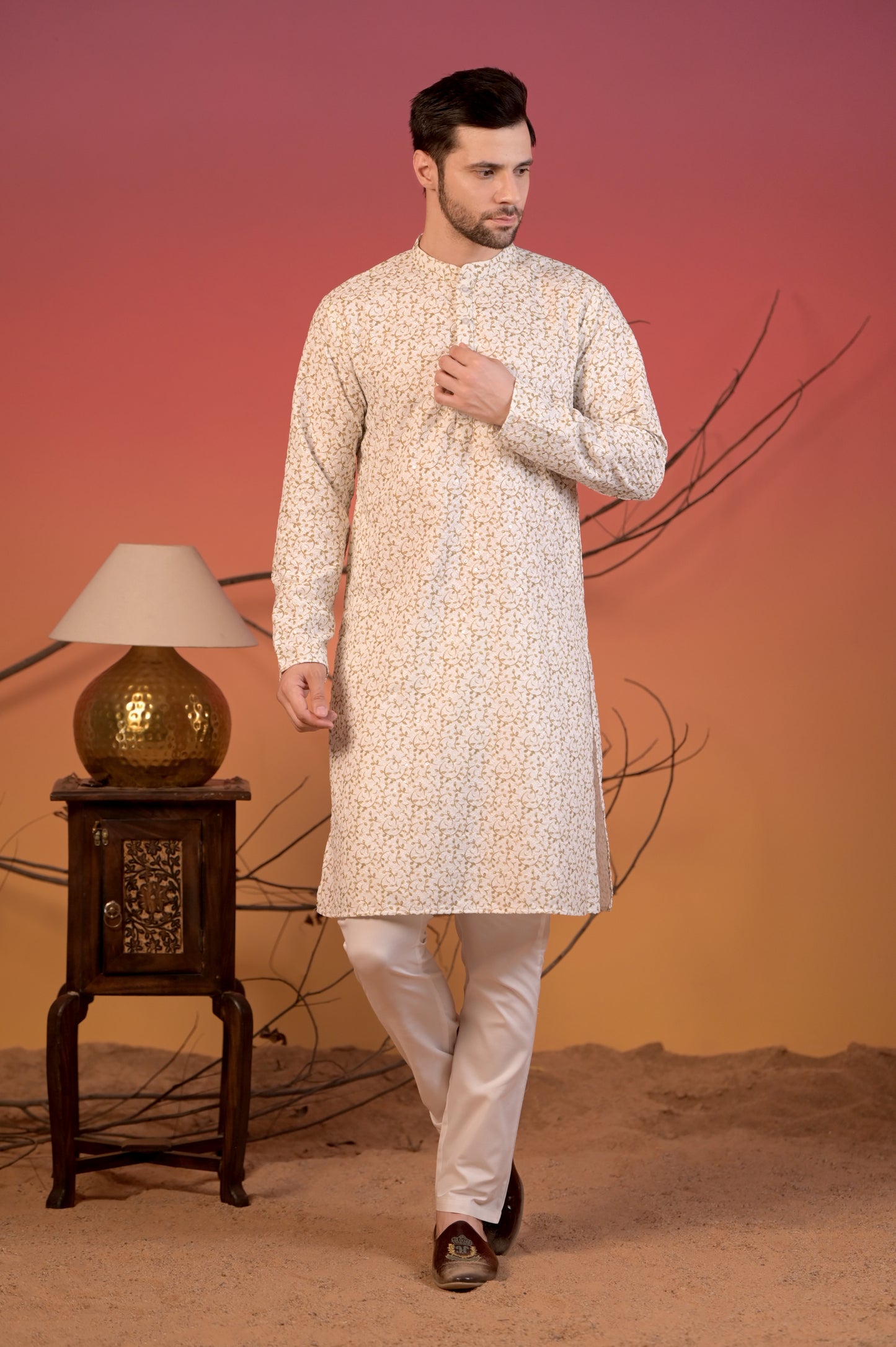 White Cotton Kurta with Chikan Work & Light Green Vine Embroidery & Trousers Set