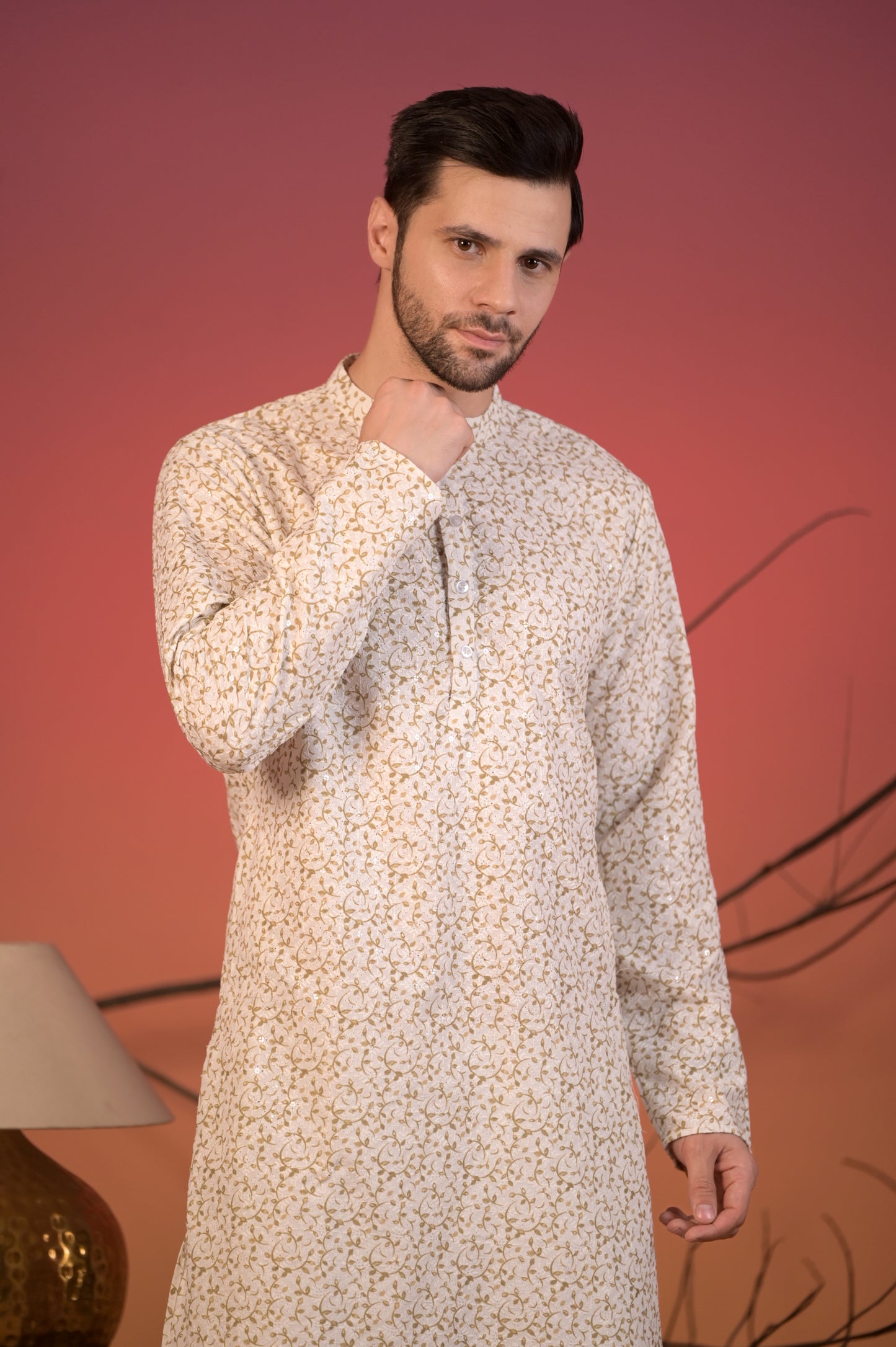White Cotton Kurta with Chikan Work & Light Green Vine Embroidery & Trousers Set
