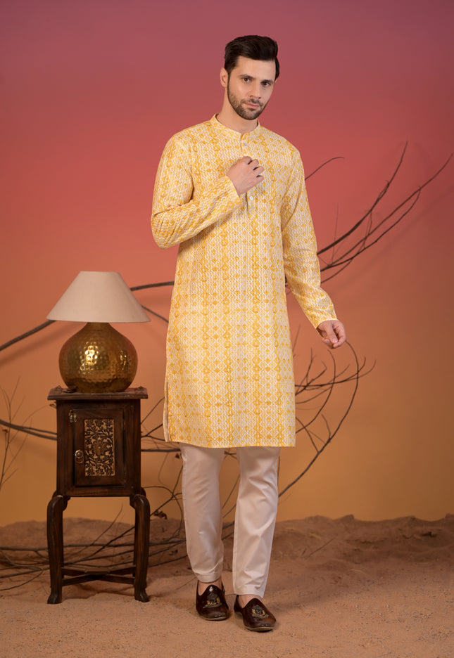 Yellow Textured Kurta with Yellow Jacquard Nehru Jacket & Trousers Set