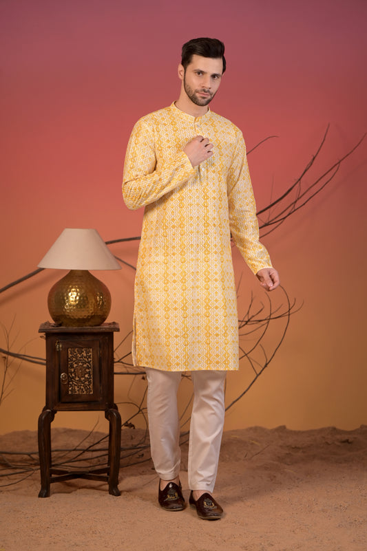Yellow Cotton Jacquard Kurta with Geometric Weave & Trousers Set