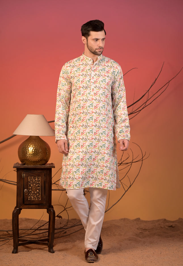 White Cotton Silk Kurta with Multicolor Leaf Print & Trousers Set