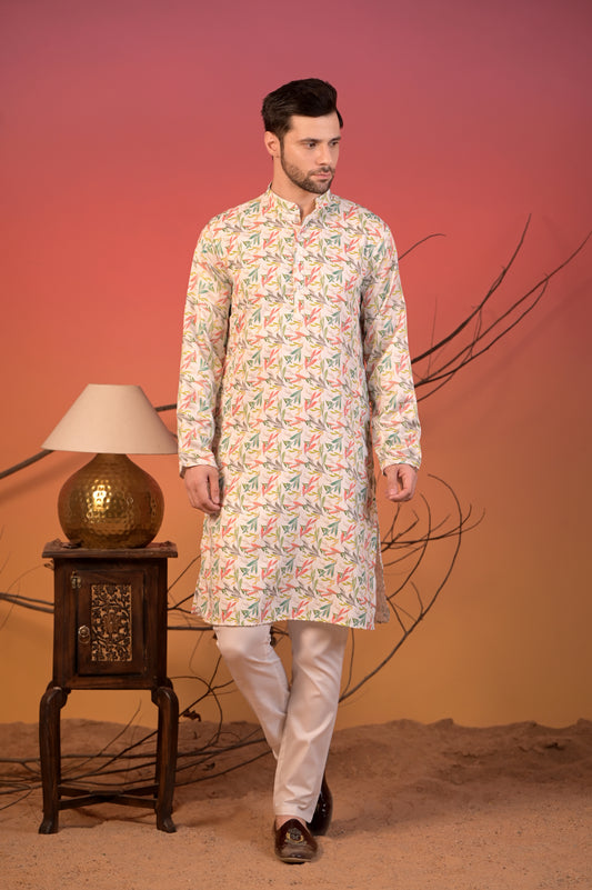 White Cotton Silk Kurta with Multicolor Leaf Print & Trousers Set