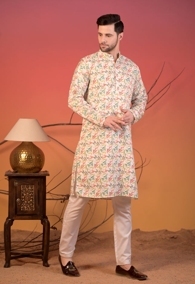 White Cotton Silk Kurta with Multicolor Leaf Print & Trousers Set