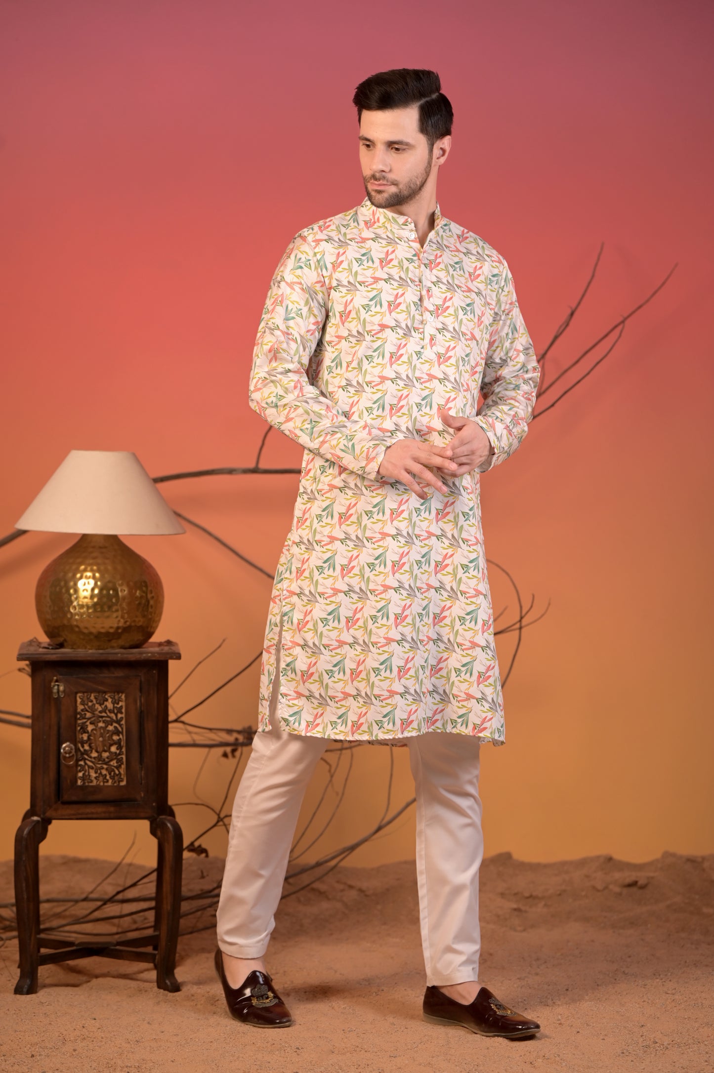 White Cotton Silk Kurta with Multicolor Leaf Print & Trousers Set