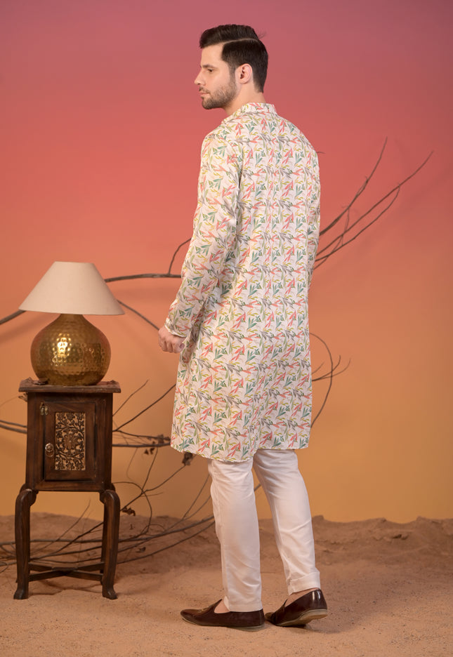 White Cotton Silk Kurta with Multicolor Leaf Print & Trousers Set