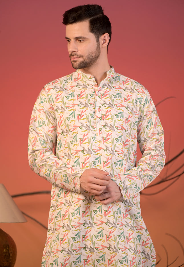 White Cotton Silk Kurta with Multicolor Leaf Print & Trousers Set